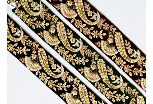 Embroidered Velvet Fabric Trim By 3 Yard Embellishments Saree Ribbon Indian Sari Gold Crafting Sewing Border DIY Beach Bag Hats Trimmings