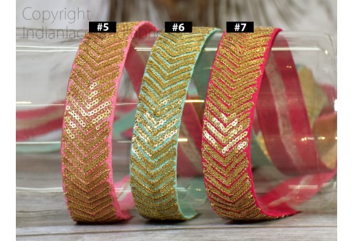 2 Yard Decorative Gold Sequins Embroidery Sari Border Crafting Clutches Ribbon Table home Decor Indian Laces Headband making Tape Sewing Accessory Cushions Trimmings wedding wear gown Trim