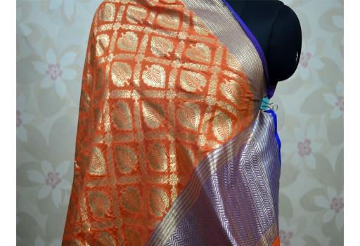 Orange Christmas Gifts Brocade Dupatta Long Silk Scarf Gifts for Her Women Stoles Ethnic Wedding Wrap Indian scarf Evening Scarves and Wraps Party Wear Designer Family Function