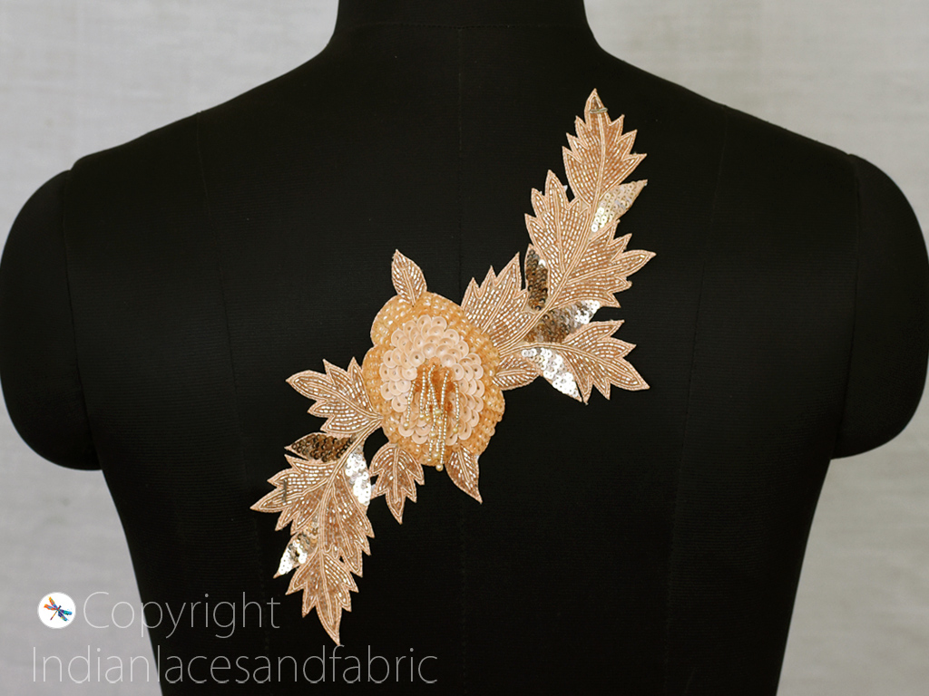 1 Piece Gold Floral Patches Appliques Wedding Dresses Costumes Beaded Patch  Sequined Sewing Crafting Applique Handcrafted