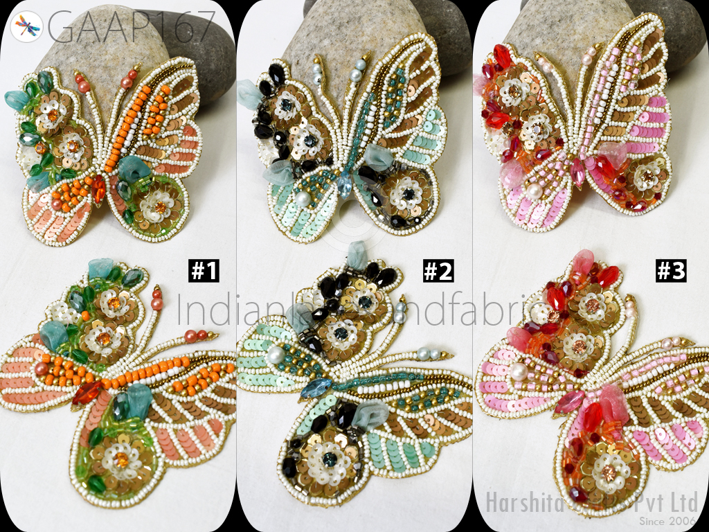 2 Pc Butterfly Beaded Patches Applique Handmade Embroidered Indian Sewing Decorative Dress Patches Appliques DIY Crafting Supply Home Décor