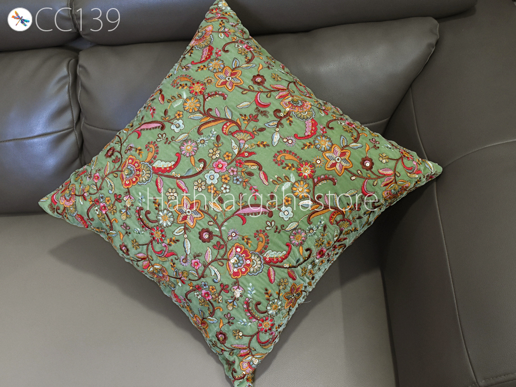 Pista Green Velvet Cushion Cover Handmade Embroidered 18X18" Pillow Customize Decorative Home Decor Pillowcases House Warming Bridal Shower Indian Wedding Gift