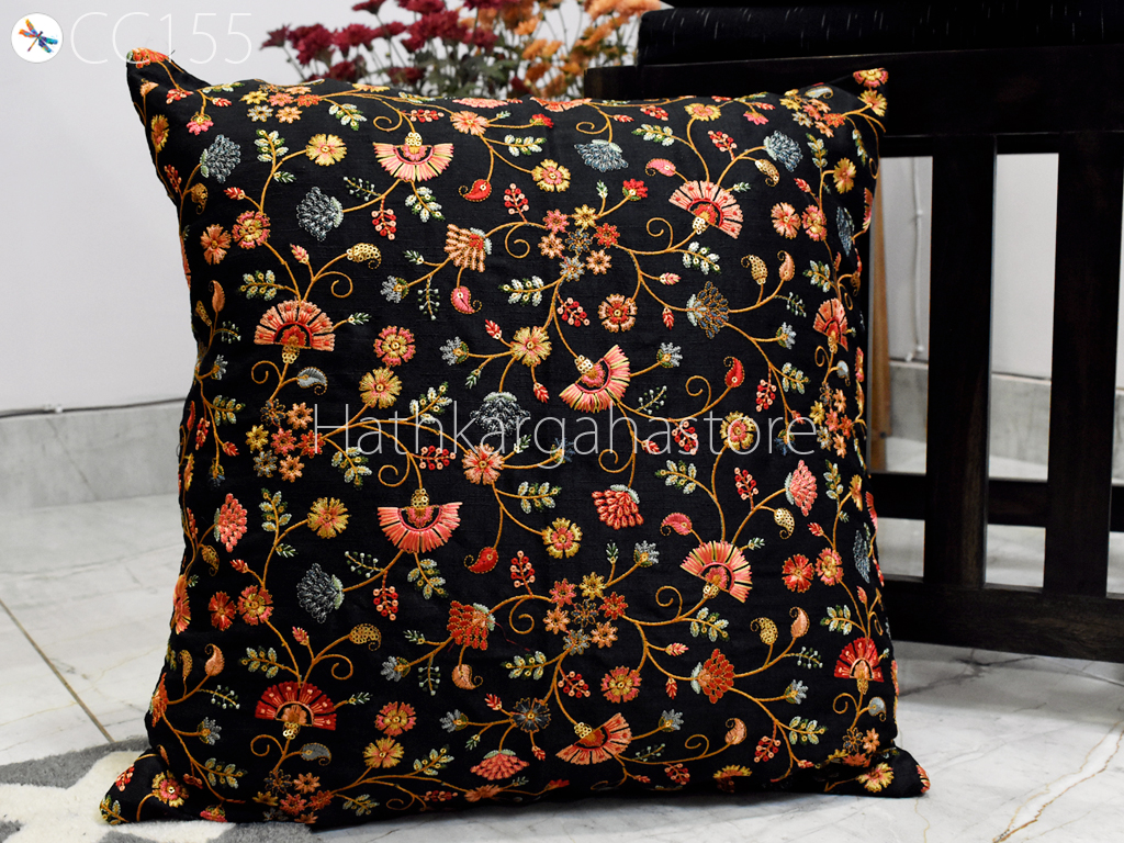 Embroidered Black Cushion Cover Handmade Embroidery Throw Pillow Decorative Home Decor Pillow Sham House Warming Baby Shower Wedding Gift Material