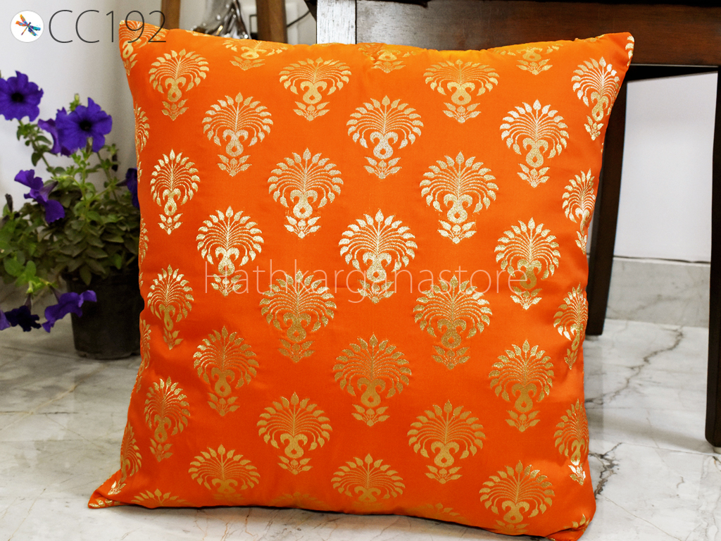Orange Pillow Cover Brocade Silk Handmade Lumbar Pillowcases Sham Decorative Cushion Home Decor House Warming Bridal Shower Wedding Gifts