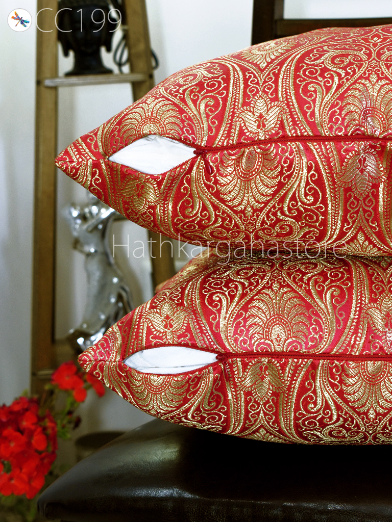 Pillow cover/ Cushion Cover, Silk, Brocade, 18 X 18 Inch, Red, Black, Brown