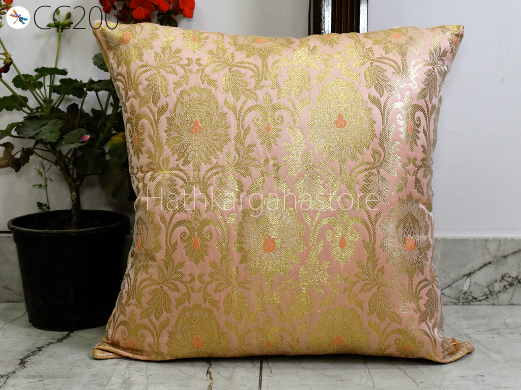Peach Brocade Silk Pillow Cover Handmade Lumbar Pillowcases Sham Decorative Cushion Home Decor House Warming Bridal Shower Wedding Gift