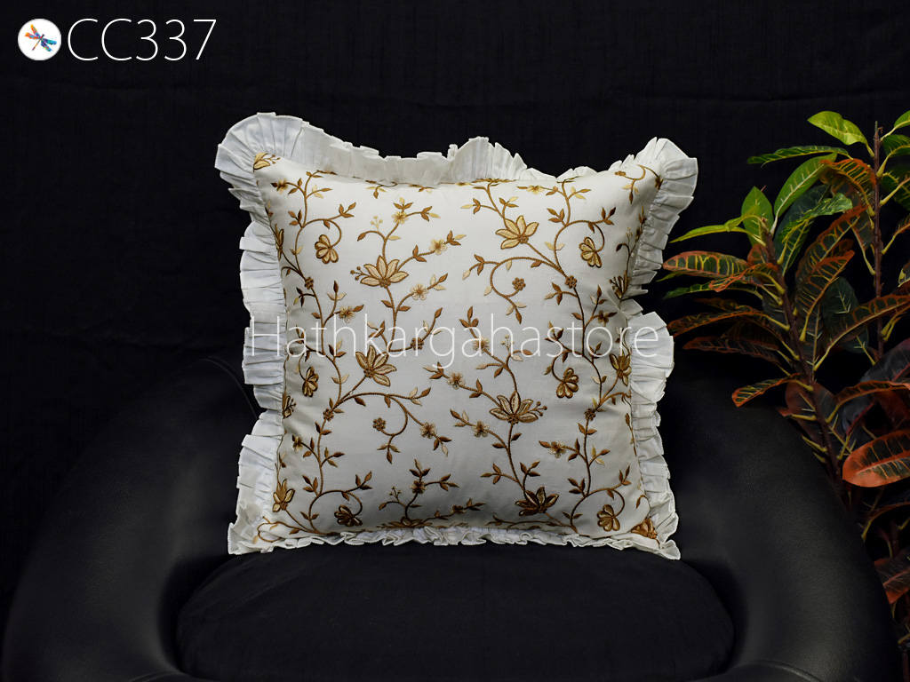 White Embroidered Frill Throw Pillow Cushion Cover Handmade Embroidery Decorative Home Decor Pillowcase Housewarming Bridal Shower Wedding