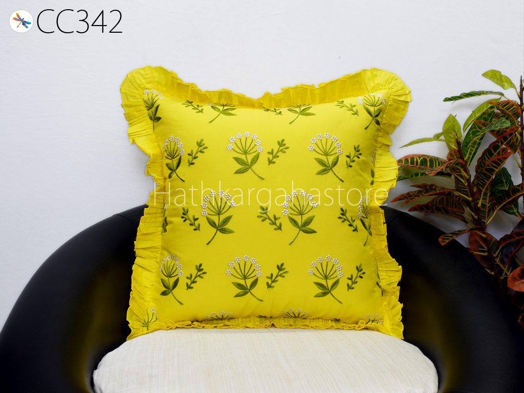 Yellow Embroidered Frill Throw Pillow Cushion Cover Handmade Embroidery Decorative Home Decor Pillowcase Housewarming Bridal Shower Wedding.