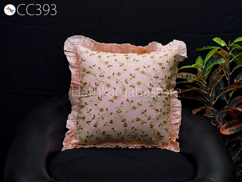 Peachy Embroidered Frill Throw Pillow Cotton Pillowcase Cushion Cover Embroidery Decorative Home Decor Housewarming Bridal Shower Wedding.
