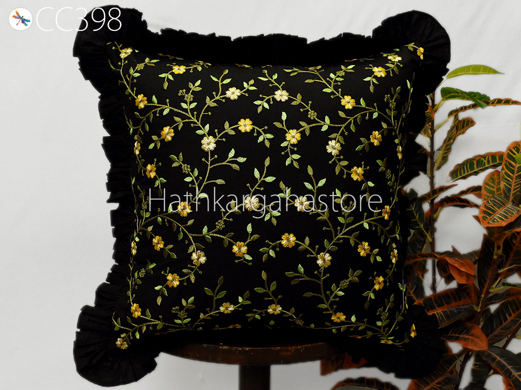 Black Embroidered Frill Throw Pillow Cotton Cushion Cover Embroidery Decorative Home Decor Pillowcase Housewarming Bridal Shower Wedding.
