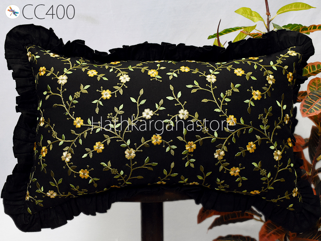 Black Embroidered Frill Throw Pillow Lumbar Cotton Euro Sham Rectangle 12X 32 Cushion Cover Decorative Pillowcase Housewarming Gifts 26x26.