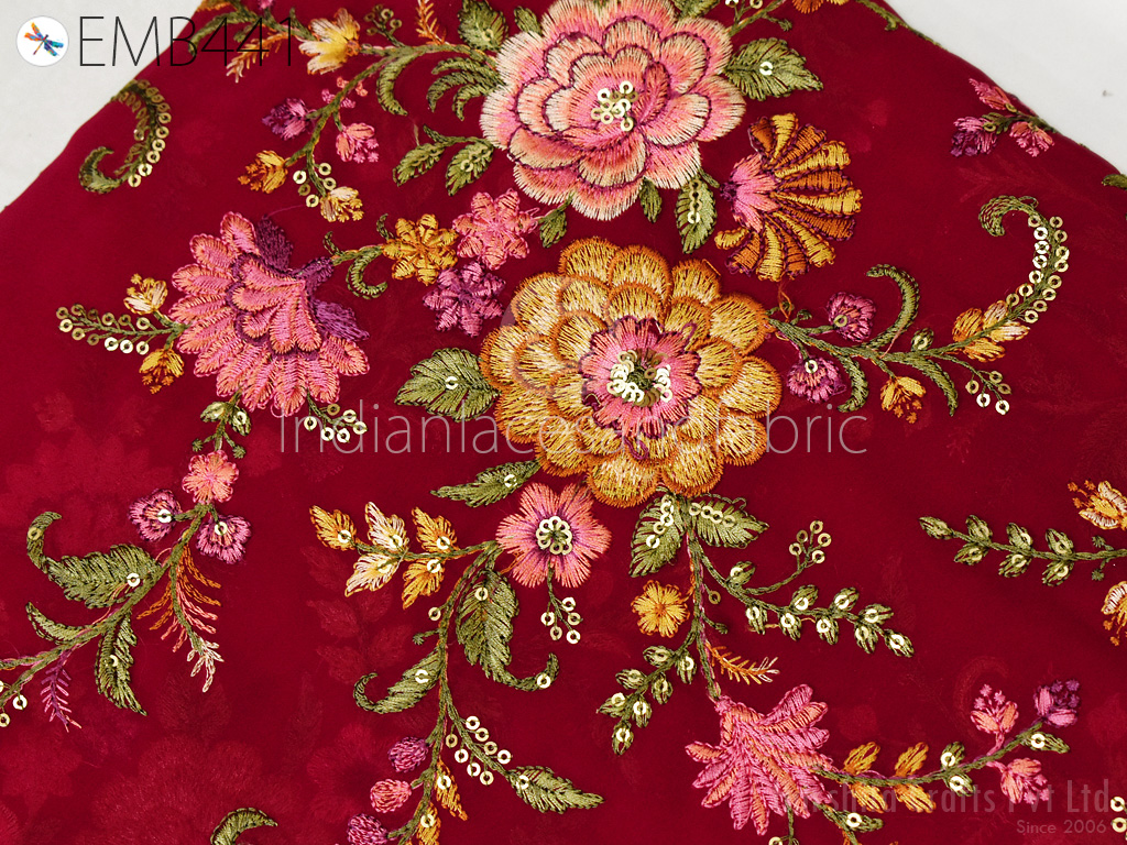 Red Indian Embroidered Fabric by the Yard Georgette Embroidery