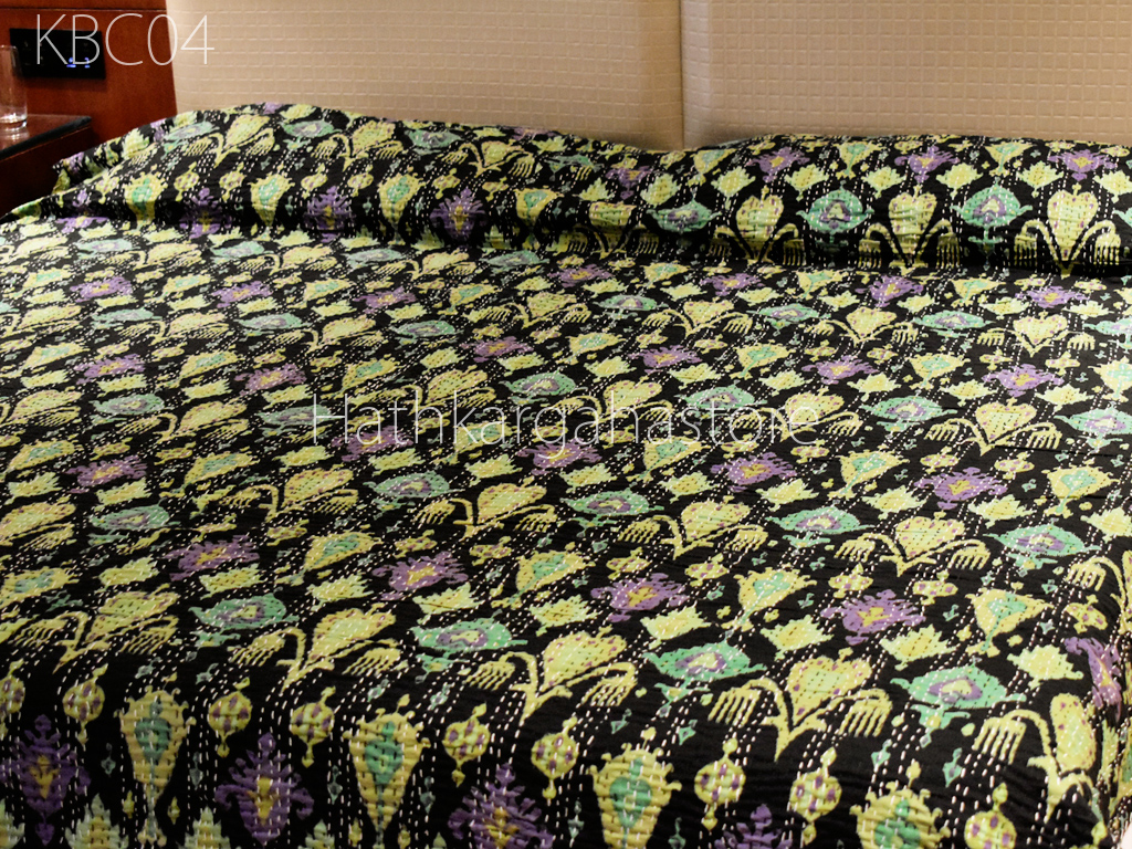 Kantha Quilt Bedspread Throw Handmade Reversible Cotton Ikat Print Quilted Blanket Hippie Gudari Queen Bedcover Bohemian Indian Home Décor Duvet Quilts
