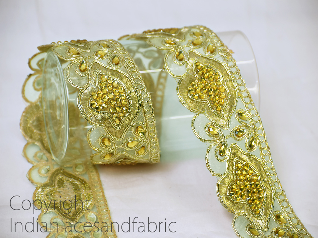 Indian Metallic Gold Beaded Floral Ribbon Lace Trim With for Decoration of  Dresses for Crafting, Sewing and Cloth Accessories. 