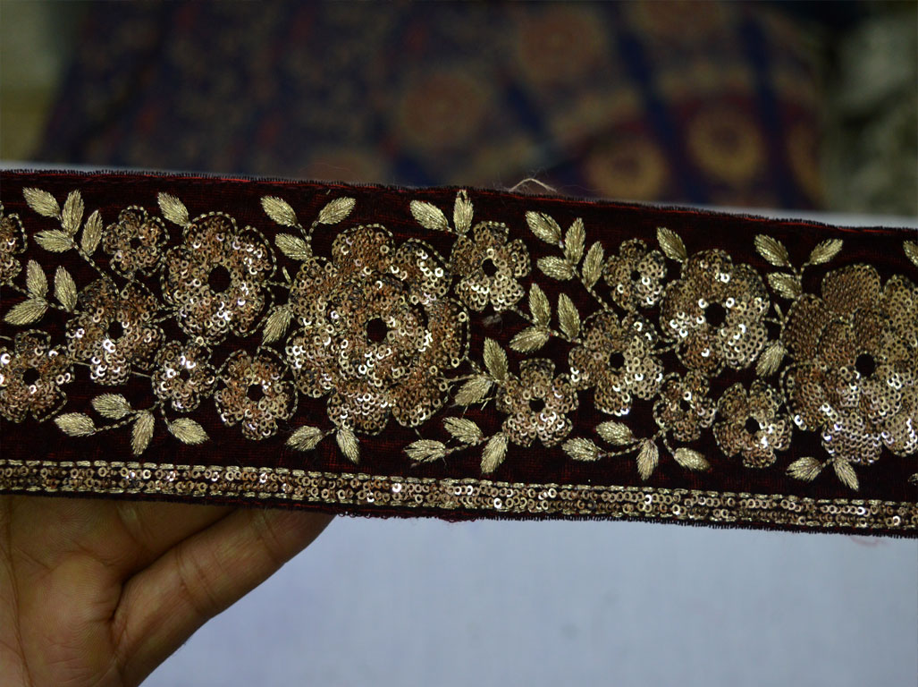 Maroon Embroidered Lace Trim, Indian Border, Ribbon, Thread Embroidery,  Indian Sari Lace, Sequin Flower Lace by 4.80 Yard, 2.5 Cm Wide Lace -   Canada
