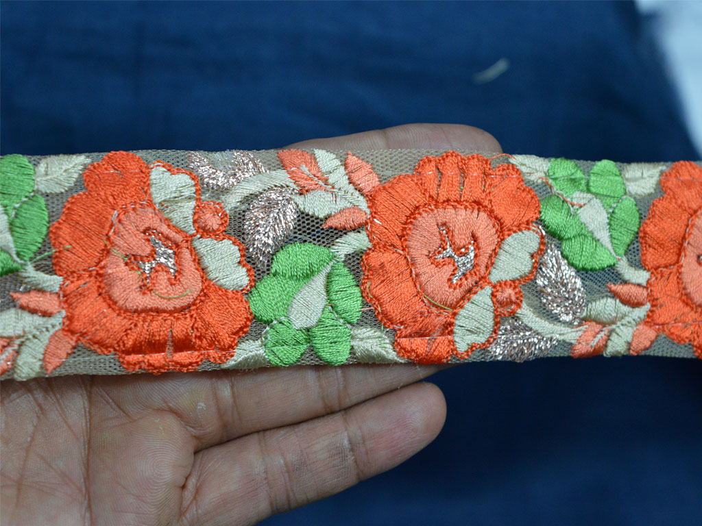 Orange Net Fabric Lace Trim With Floral Embroidery in Orange, Lace Trim,  Sari Border, Embroidered Trim, Trim by Yard -  Canada