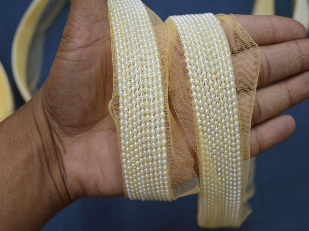 Ivory Pearls Ribbon Trim Edging Lace, Dressmaking Wedding Sewing Trimming