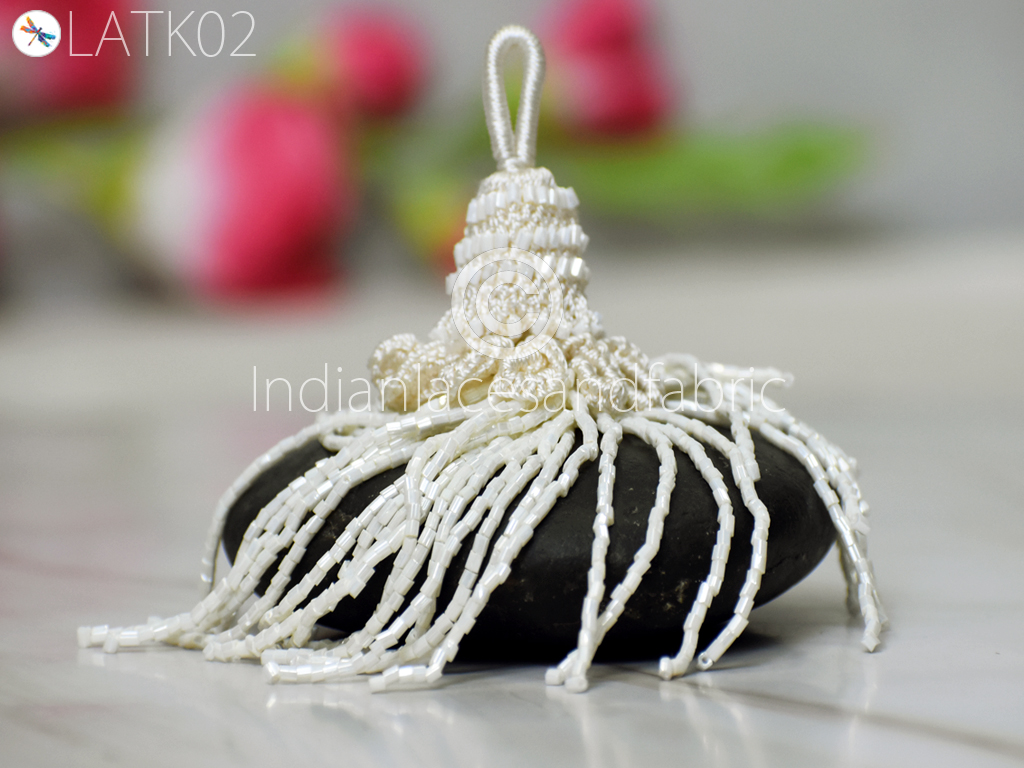 8 Pieces Ivory Decorative Indian Handmade Beaded Tassels Decor DIY Crafting Jewelry Charms Embellishment Bridal Latkans Curtains Tiebacks