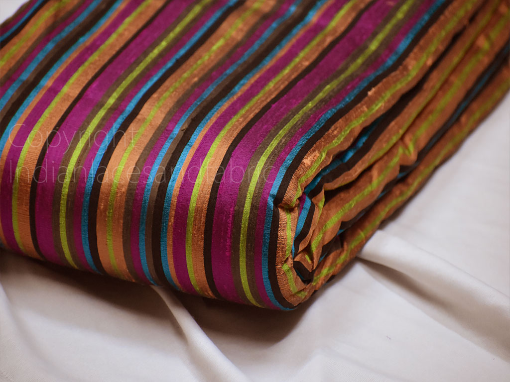 Multi color stripes pure dupioni fabric raw silk by the yard