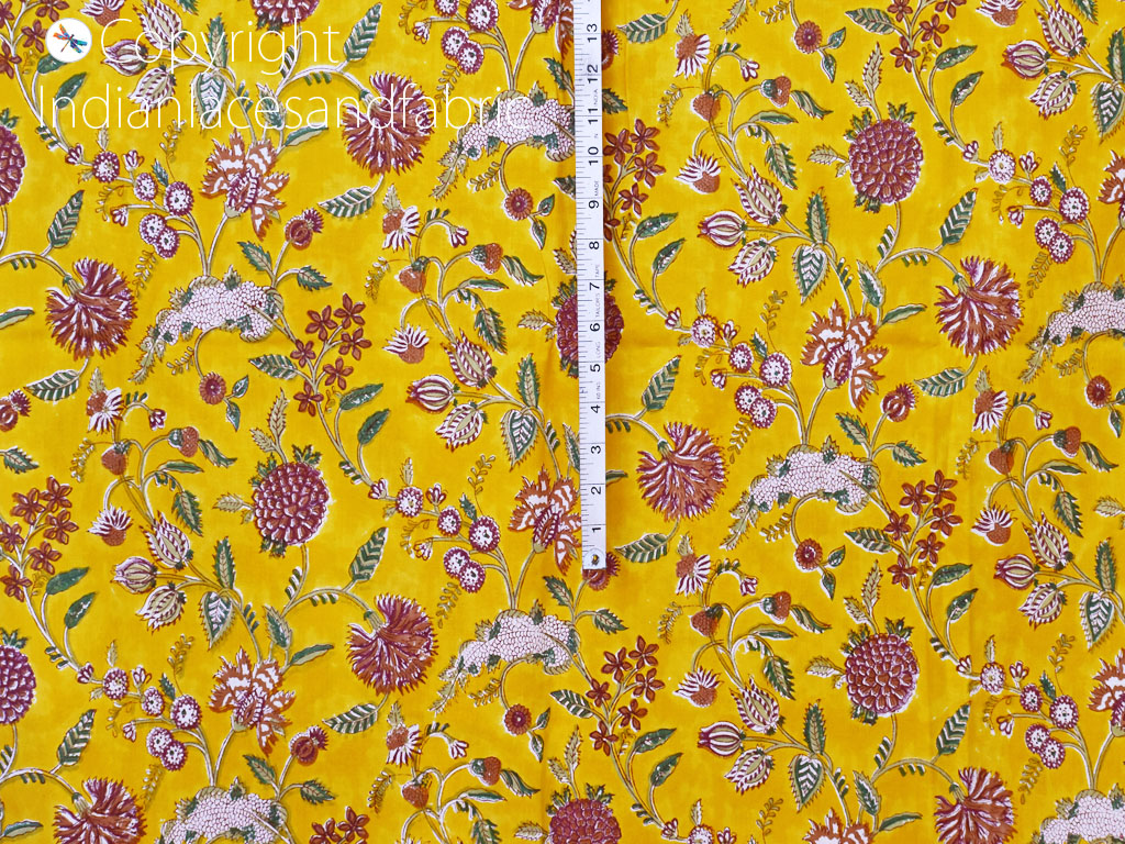 AVKA Studio Hand Block Print Fabric by The Yard - Precut 1 Yard 42 inch Width - 100% Cotton Material - Chrome Yellow Floral Pattern - Light Weight