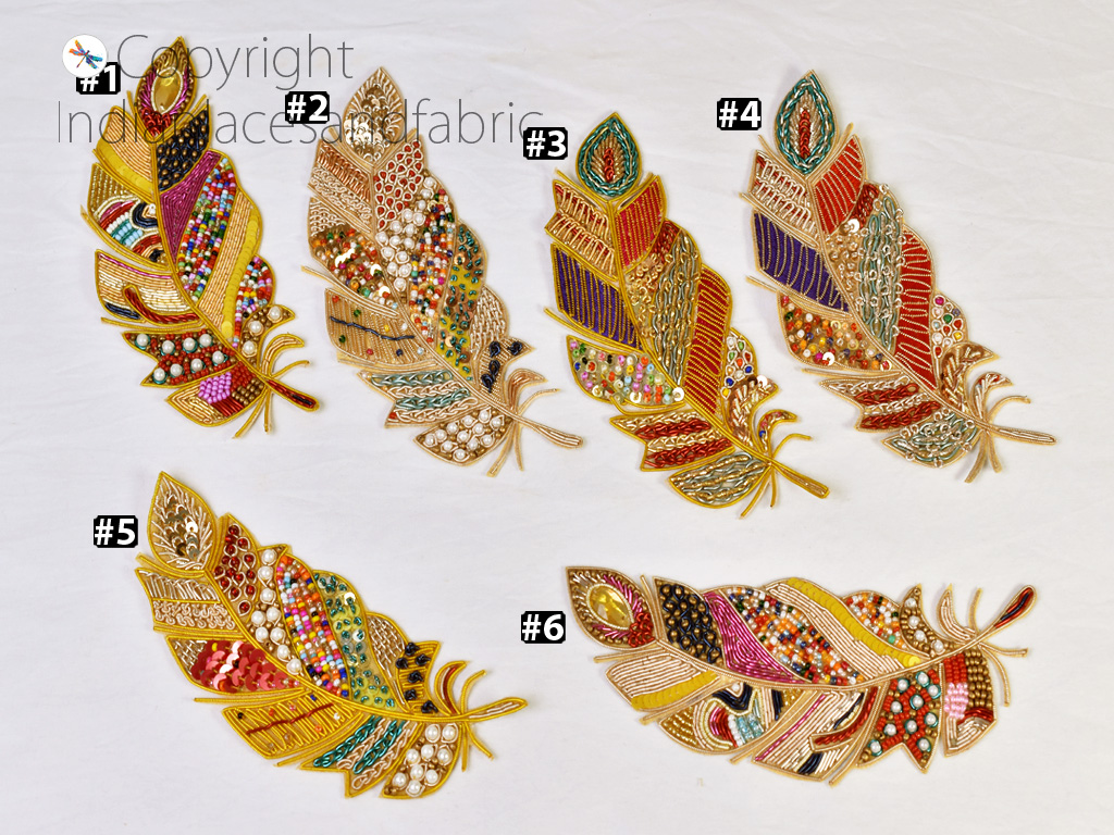 4 Piece Gold Handmade Feather Patches Embroidered Indian Sewing Dresses Handcrafted Beaded Patches Appliques Sewing DIY Crafting Supplies