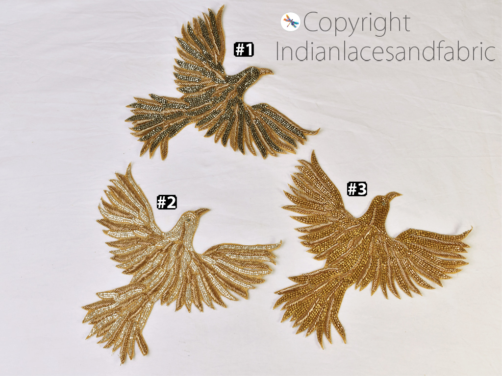 4 Piece Handmade Flying Bird Patches Embroidered Indian Sewing Dresses Handcrafted Beaded Patches Appliques Sewing DIY Crafting Supplies