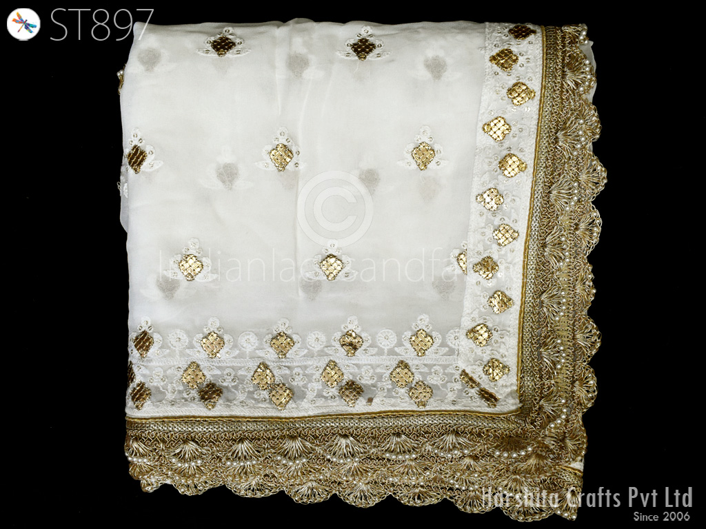 White Dyeable Georgette Dupatta with gold lace Festive Occasion